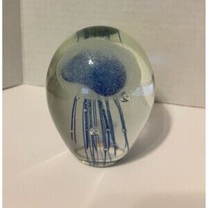 Vintage Art Glass Jellyfish Paperweight Clear Blue Oval Shaped Sea Life Dynasty
